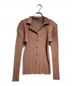 PLEATS PLEASEプリーツプリーズ）の古着「メランジ柄プリーツカーディガン / Melange pleated cardigan」｜ブラウン×ピンク