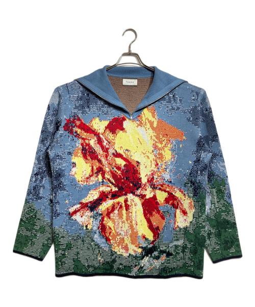 TAAKK（ターク）TAAKK (ターク) JACQUARD ZIP UP KNIT/ジャガードジップアップニット ブルー×レッド サイズ:4の古着・服飾アイテム