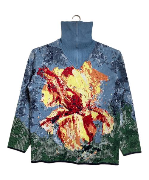 TAAKK（ターク）TAAKK (ターク) JACQUARD ZIP UP KNIT/ジャガードジップアップニット ブルー×レッド サイズ:4の古着・服飾アイテム