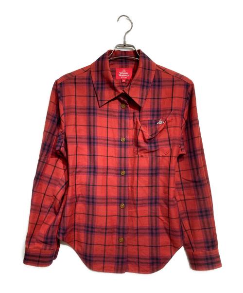 Vivienne Westwood RED LABEL（ヴィヴィアンウエストウッドレッドレーベル）Vivienne Westwood RED LABEL (ヴィヴィアンウエストウッドレッドレーベル) オーブ刺繍チェックシャツ/Check Shirt レッド×ブラック サイズ:00の古着・服飾アイテム