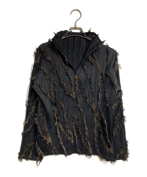 PLEATS PLEASE（プリーツプリーズ）PLEATS PLEASE (プリーツプリーズ) フリンジ装飾プリーツカットソー/Pleated top with fringe trim ブラック サイズ:3の古着・服飾アイテム