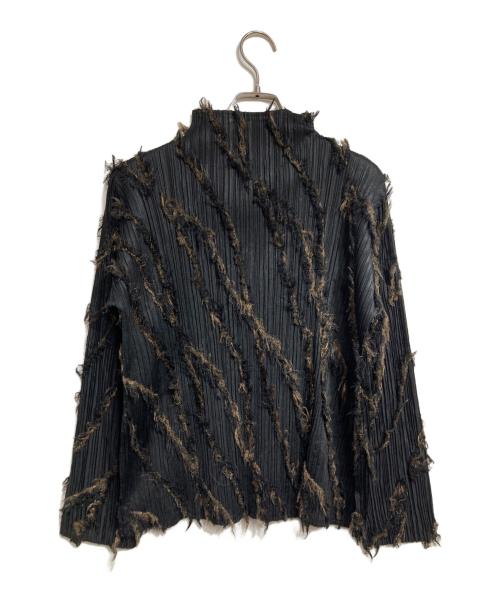 PLEATS PLEASE（プリーツプリーズ）PLEATS PLEASE (プリーツプリーズ) フリンジ装飾プリーツカットソー/Pleated top with fringe trim ブラック サイズ:3の古着・服飾アイテム