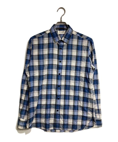 Saint Laurent Paris（サンローランパリ）Saint Laurent Paris (サンローランパリ) メタリックガーゼプラットフランネル シャツ/Metallic Gauze Plaid Flannel Shirt ブルー×ブラック サイズ:39の古着・服飾アイテム