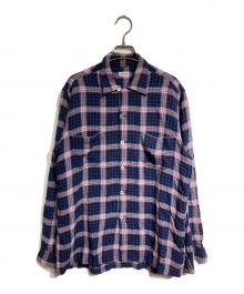 VINTAGE（ヴィンテージ）の古着「60's~レーヨンループカラーチェックシャツ/1960s-era Rayon Loop-Collar Check Shirt」｜レッド×ネイビー