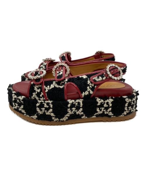 GUCCI（グッチ）GUCCI (グッチ) GGツイード プラットフォーム サンダル/Platform sandals ブラック×レッド サイズ:37の古着・服飾アイテム