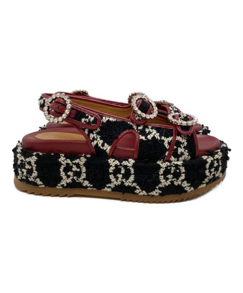 GUCCI（グッチ）GUCCI (グッチ) GGツイード プラットフォーム サンダル/Platform sandals ブラック×レッド サイズ:37の古着・服飾アイテム