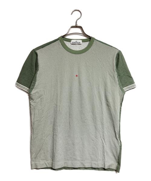 STONE ISLAND（ストーンアイランド）STONE ISLAND (ストーンアイランド) ストライプ切替バックロゴTシャツ/Striped back logo T-shirt グリーン サイズ:Lの古着・服飾アイテム