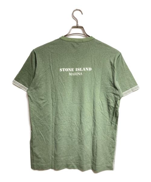 STONE ISLAND（ストーンアイランド）STONE ISLAND (ストーンアイランド) ストライプ切替バックロゴTシャツ/Striped back logo T-shirt グリーン サイズ:Lの古着・服飾アイテム