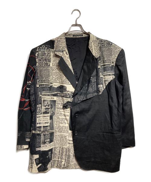Yohji Yamamoto pour homme（ヨウジヤマモト プールオム）Yohji Yamamoto pour homme (ヨウジヤマモト プールオム) 22SS LINEN NEWSPAPER CAMBRICK PRINT JACKET/リネン製新聞柄カンブリックプリントジャケット ブラック サイズ:3の古着・服飾アイテム