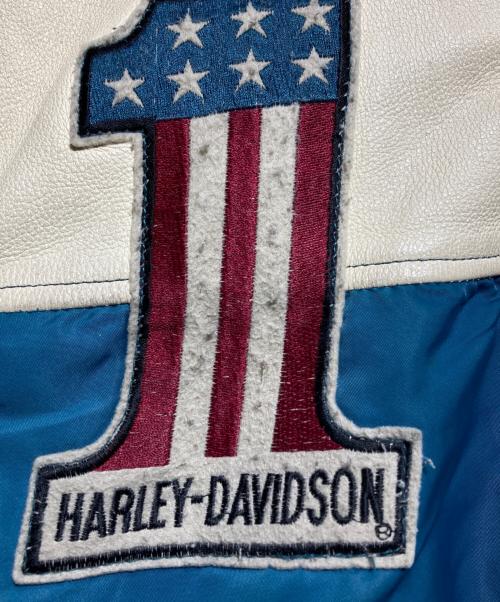 HARLEY-DAVIDSON（ハーレーダビッドソン）HARLEY-DAVIDSON (ハーレーダビッドソン) レザーMA-１ジャケット/Leather jacket アイボリー×ブルー サイズ:Mの古着・服飾アイテム
