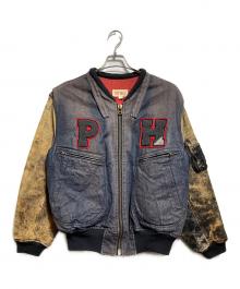 PINK HOUSE（ピンクハウス）の古着「レザー×デニムスタジャン/Leather & Denim Varsity Jacket」｜ブルー×ブラック