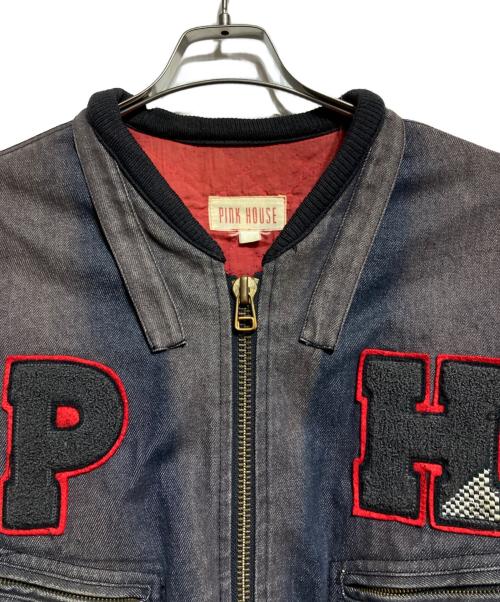 PINK HOUSE（ピンクハウス）PINK HOUSE (ピンクハウス) レザー×デニムスタジャン/Leather & Denim Varsity Jacket ブルー×ブラック サイズ:－の古着・服飾アイテム