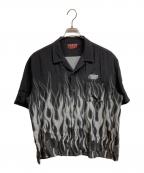 BUDSPOOLバッズプール）の古着「ファイヤーパターンオープンカラーシャツ」｜ブラック