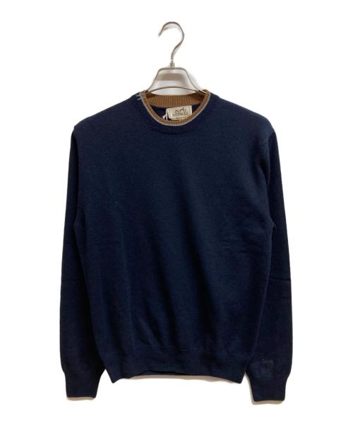 HERMES（エルメス）HERMES (エルメス) ラウンドネックセーター ネイビー×ブラウン サイズ:Mの古着・服飾アイテム