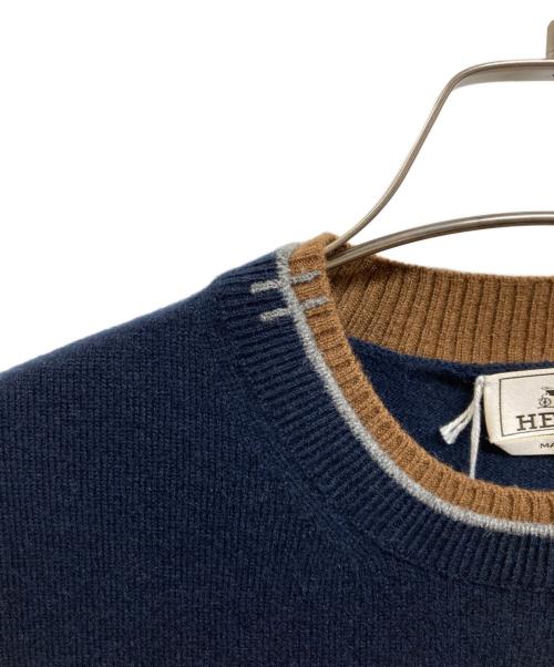 HERMES（エルメス）HERMES (エルメス) ラウンドネックセーター ネイビー×ブラウン サイズ:Mの古着・服飾アイテム