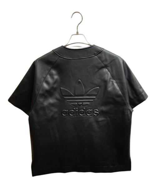 adidas（アディダス）adidas (アディダス) フェイクレザー アディカラー スリーストライプス ベースボールシャツ ブラック サイズ:Mの古着・服飾アイテム