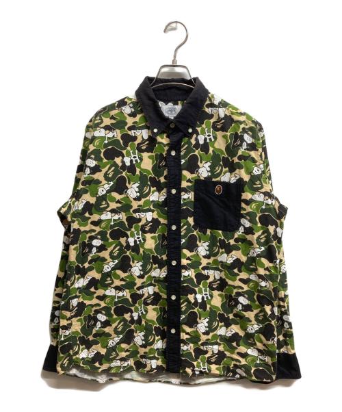 A BATHING APE（ア ベイシング エイプ）A BATHING APE (ア ベイシング エイプ) PEANUTS (ピーナッツ) ワンポイントABCカモオックスフォードBDシャツ グリーン サイズ:Lの古着・服飾アイテム