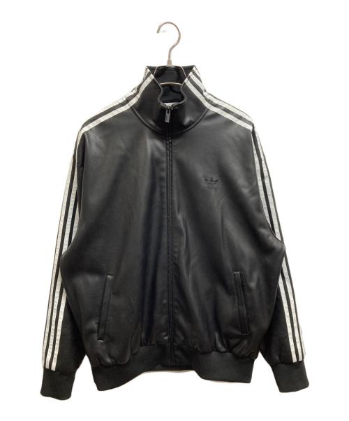adidas（アディダス）adidas (アディダス) フェイクレザー アディカラー スリーストライプス ルーズ ファイヤーバード トラックスーツジャケット ブラック サイズ:2XLの古着・服飾アイテム