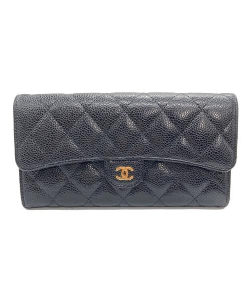 CHANEL（シャネル）CHANEL (シャネル) マトラッセキャビアスキンクラシックロングフラップウォレット ブラックの古着・服飾アイテム