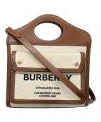 BURBERRYバーバリー）の古着「バーバリー ミニ ポケット バッグ ナチュラル モルトブラウン 2WAY トート」｜アイボリー×ブラウン