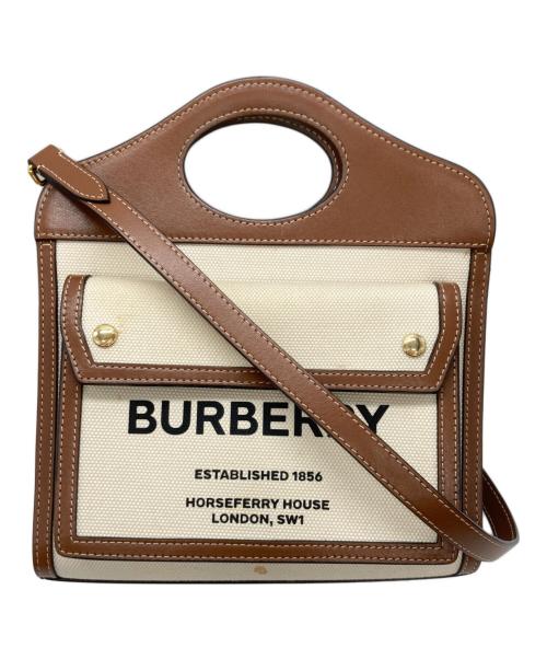 BURBERRY（バーバリー）BURBERRY (バーバリー) バーバリー ミニ ポケット バッグ ナチュラル モルトブラウン 2WAY トート アイボリー×ブラウンの古着・服飾アイテム