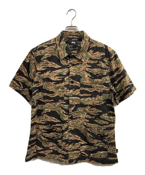 stussy（ステューシー）stussy (ステューシー) Seersucker Safari 半袖シャツ ブラック×カーキ サイズ:Mの古着・服飾アイテム