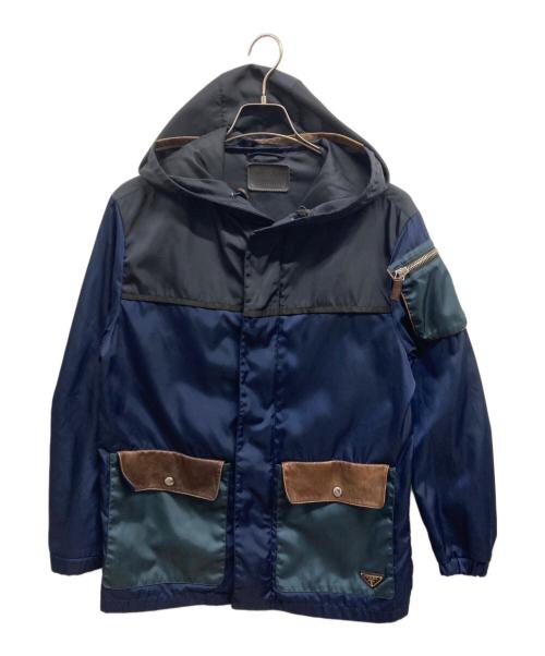 PRADA（プラダ）PRADA (プラダ) バイカラーレザー切替ジャケット ネイビー サイズ:44の古着・服飾アイテム