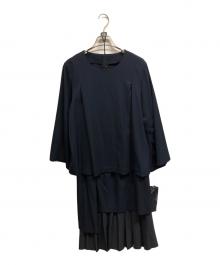 RUIRUE BOUTIQUE（ルイルエブティック）の古着「ベルスリーブトップス&プリーツヘムタイトスカートセットアップ/RUIRUE BOUTIQUE」｜ネイビー