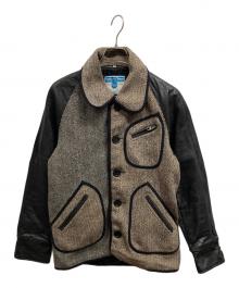 Harris Tweed（ハリスツイード）の古着「レザー切替ツイードジャケット/Harris Tweedジャケット」｜ベージュ