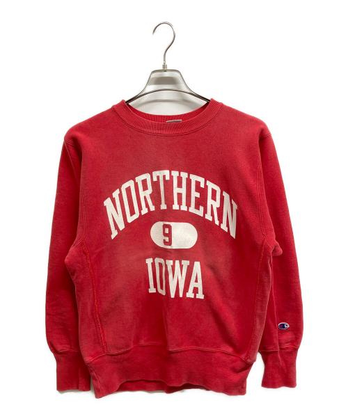 Champion（チャンピオン）Champion (チャンピオン) 90s三段プリントIOWAカレッジロゴリバースウィーブスウェット レッド サイズ:Mの古着・服飾アイテム