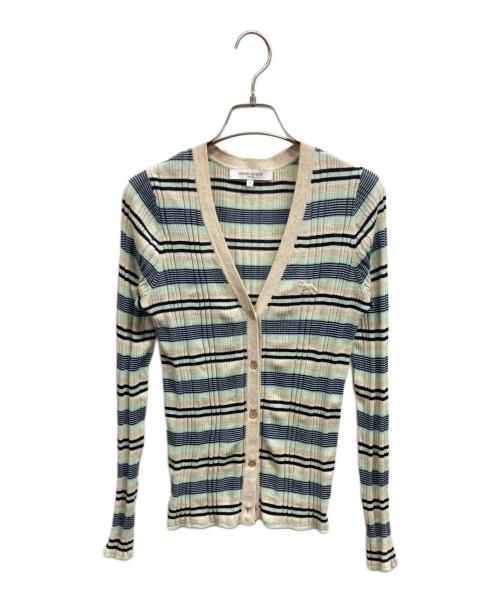 maison kitsune（メゾンキツネ）MAISON KITSUNE (メゾンキツネ) ファイン リブ ストライプ カーディガン ベージュ サイズ:Sの古着・服飾アイテム
