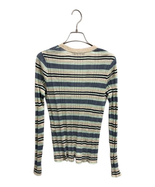 maison kitsune（メゾンキツネ）MAISON KITSUNE (メゾンキツネ) ファイン リブ ストライプ カーディガン ベージュ サイズ:Sの古着・服飾アイテム