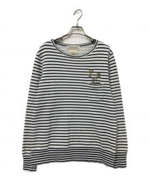 REMI RELIEF（レミレリーフ）の古着「フラワースタッズボーダーリブスウェット」｜ホワイト×ネイビー