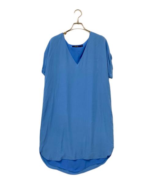 POLO RALPH LAUREN（ポロ・ラルフローレン）POLO RALPH LAUREN (ポロ・ラルフローレン) Vネック半袖シルクワンピース ブルー サイズ:6の古着・服飾アイテム