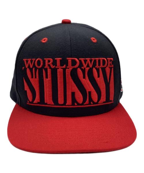 stussy（ステューシー）stussy (ステューシー) ロゴ刺繍キャップ ネイビー×レッドの古着・服飾アイテム