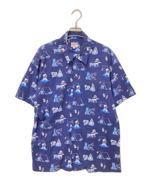 MOMOTARO JEANS（桃太郎ジーンズ）MOMOTARO JEANS (桃太郎ジーンズ) 桃太郎柄ハワイアンシャツ ブルー サイズ:40の古着・服飾アイテム