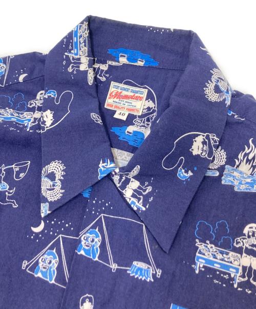 MOMOTARO JEANS（桃太郎ジーンズ）MOMOTARO JEANS (桃太郎ジーンズ) 桃太郎柄ハワイアンシャツ ブルー サイズ:40の古着・服飾アイテム