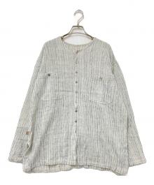 USAATO（ウサト）の古着「ノーカラ-ストライプシャツ」｜ホワイト×ネイビー