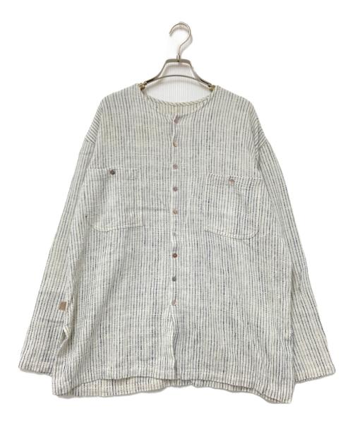 USAATO（ウサト）USAATO (ウサト) ノーカラ-ストライプシャツ ホワイト×ネイビー サイズ:下記参照の古着・服飾アイテム