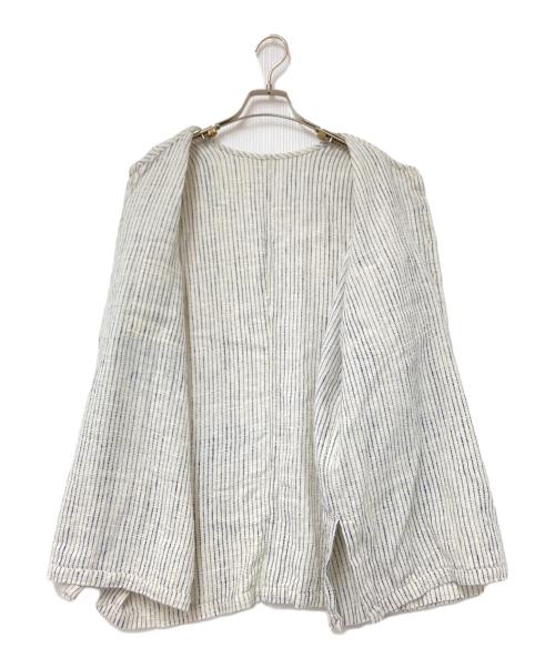 USAATO（ウサト）USAATO (ウサト) ノーカラ-ストライプシャツ ホワイト×ネイビー サイズ:下記参照の古着・服飾アイテム