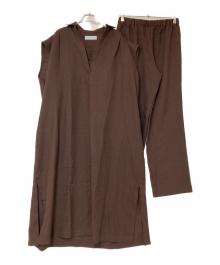 quaranciel（カランシエル）の古着「リネン ライク スキッパー シャツ ワンピース＆パンツ セットアップ」｜ブラウン