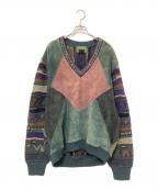 TOSANIトサニ）の古着「スウェード切替Vネック3Dニット」｜マルチカラー