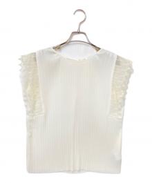 TOMORROW LAND（トゥモローランド）の古着「レースコンビプリーツクルーネックブラウス」｜ホワイト