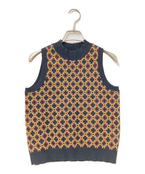 CABAN（キャバン）CABAN (キャバン) クロスタイルジャカード アメリカンスリーブプルオーバー ブラック×イエロー サイズ:Fの古着・服飾アイテム