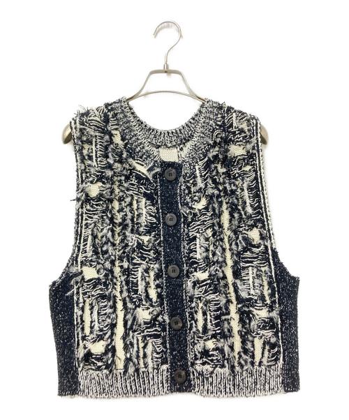 PUBLIC TOKYO（パブリックトウキョウ）PUBLIC TOKYO (パブリックトウキョウ) カットジャガードフリンジニットベスト ブラック×ベージュ サイズ:Fの古着・服飾アイテム