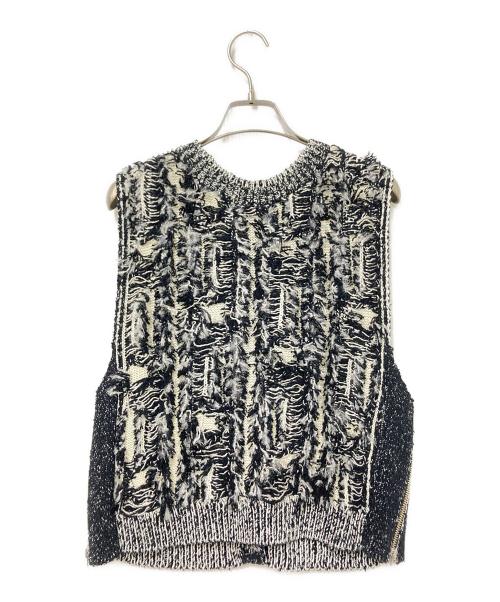 PUBLIC TOKYO（パブリックトウキョウ）PUBLIC TOKYO (パブリックトウキョウ) カットジャガードフリンジニットベスト ブラック×ベージュ サイズ:Fの古着・服飾アイテム