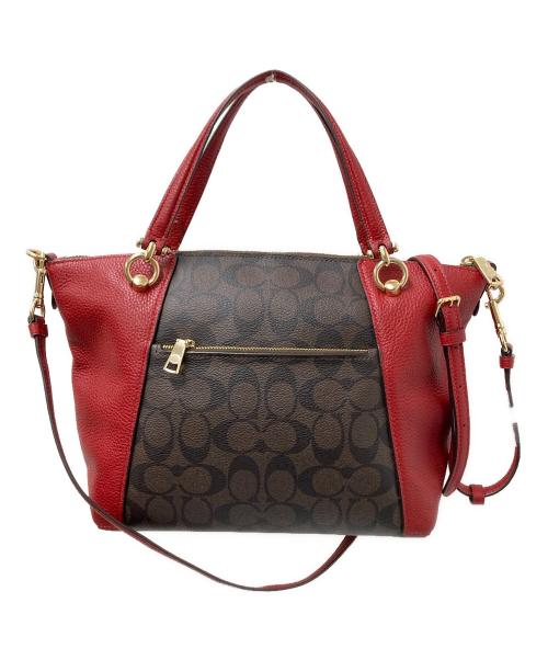 COACH（コーチ）COACH (コーチ) ケイシー サッチェル シグネチャー キャンバス レッド×ブラウン サイズ:下記参照の古着・服飾アイテム