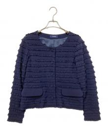 PINK HOUSE（ピンクハウス）の古着「フリルボーダーノーカラージャケット」｜ネイビー