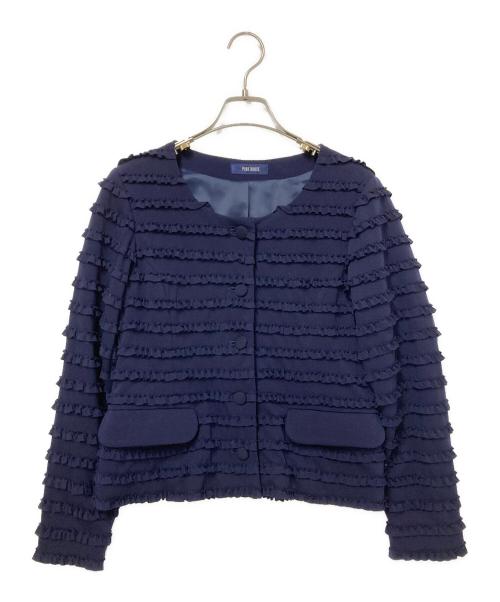 PINK HOUSE（ピンクハウス）PINK HOUSE (ピンクハウス) フリルボーダーノーカラージャケット ネイビー サイズ:Mの古着・服飾アイテム