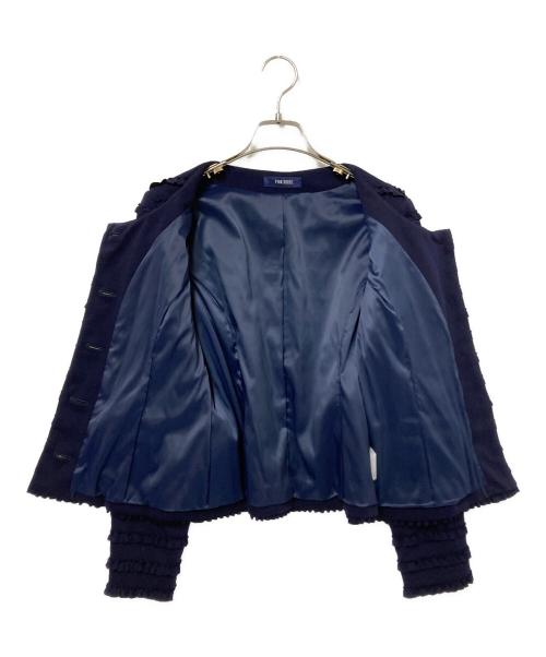 PINK HOUSE（ピンクハウス）PINK HOUSE (ピンクハウス) フリルボーダーノーカラージャケット ネイビー サイズ:Mの古着・服飾アイテム